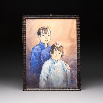 Chinese school: 'Portrait of Two Children', watercolour on paper, signed and dated 1946