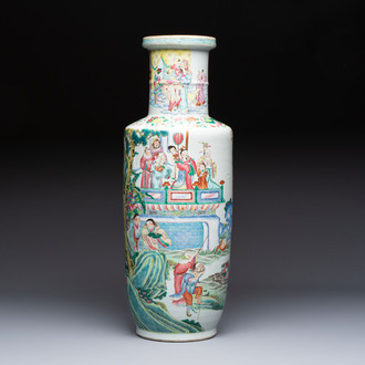 A Chinese famille rose 'Qun Xian Zhu Shou 群仙祝壽' rouleau vase, Qianlong mark, 19th C.