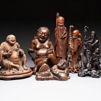 Six Chinese wooden and bamboo carvings, 19/20th C.
