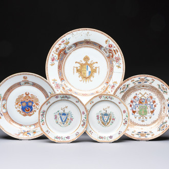 Four Chinese famille rose armorial plates and a dish, Qianlong