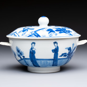 A Chinese blue and white 'Long Elizas and Playing Boys' bowl and cover, Chenghua mark, Kangxi