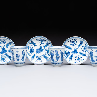 Three Chinese blue and white 'Elegant Beauties' cups and saucers, Chenghua and jade marks, Kangxi