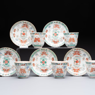 Five Chinese famille verte cups and saucers with floral design, 19th C.