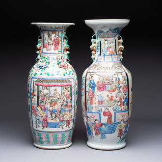 Two Chinese Canton famille rose vases with narrative design, 19th C.