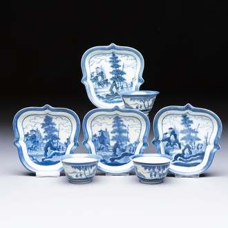 Three Japanese Arita blue and white ‘Van Frytom’ cups and four shield-shaped saucers, Ming and Chenghua mark, ca. 1700