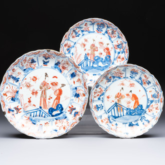 Two Chinese Imari-style plates and a dish with figural design, Kangxi