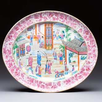 A fine large Chinese Canton famille rose dish with a palace garden scene, 19th C.
