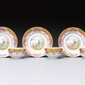 Three sets of Chinese famille rose gilt-decorated 'Bird among Flowering Branches' cups and saucers, 19th C.
