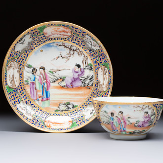 A Chinese famille rose gilt-decorated cup and saucer with figural design, Jiaqing