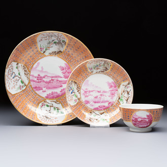 A Chinese famille rose puce-enamelled 'Riverscape' plate, cup and saucer, Jiaqing