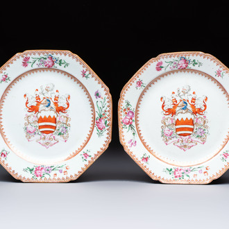 A pair of Chinese famille rose armorial plates with the arms of Hare for the English market, Qianlong, ca. 1755