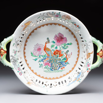 A polychrome Dutch Delft petit feu reticulated basket after a Chinese famille rose example, 18th C.