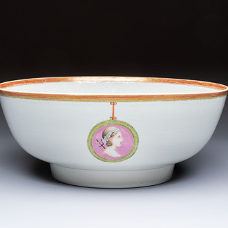 A rare and large Chinese famille rose 'Mythological Subject' punch bowl for the Danish market, Qianlong, ca. 1790