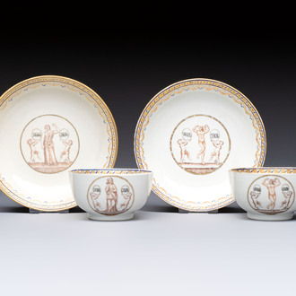 Two sets of Chinese export monogrammed polychrome cups and saucers, Qianlong/Jiaqing