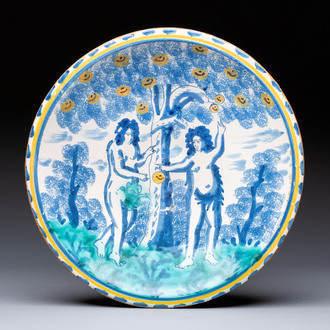 A polychrome English Delftware 'Adam and Eve in the Garden of Eden' dish, 17th C.