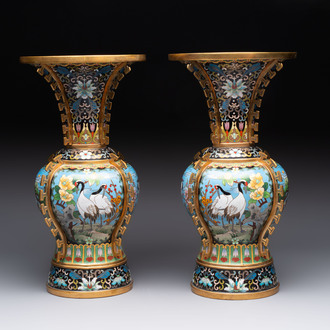 A pair of Chinese cloisonné 'cranes' vases, Republic