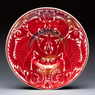A William de Morgan lustreware 'Double Dragon' dish, late 19th C.