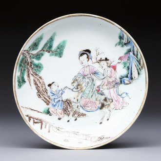 A fine Chinese famille rose 'Elegant Lady on Horseback' saucer, Yongzheng