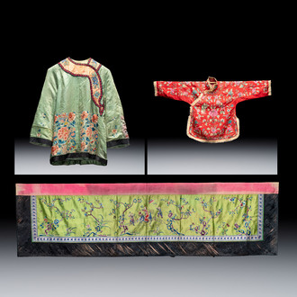 Two Chinese embroidered silk women’s robes and an embroidered silk panel, 19th C.