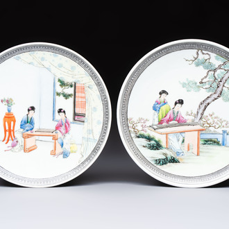 A pair of fine Chinese famille rose 'Ladies' plates, Qianlong marks, Republic