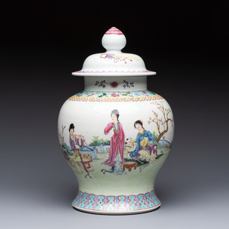 A Chinese famille rose 'San Niang Jiao Zi 三娘教子' vase and cover, 20th C.