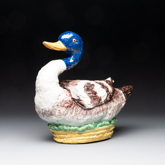 A polychrome Brussels faience duck-shaped tureen and cover, 2nd half 18th C.