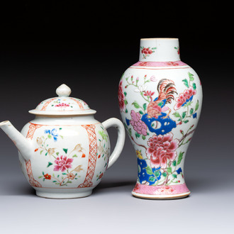 A Chinese famille rose 'Rooster' vase and a covered teapot with floral design, Qianlong