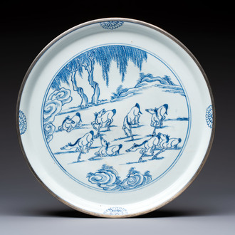 A rare Chinese silver-mounted blue and white 'Eight Horses of Mu Wang' dish, Kangxi