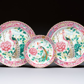 Three Chinese famille rose 'Phoenix and Peony' plates for the Straits or Peranakan market, Jingzhen Cao Shuntai Zao 景鎮曹順泰造 mark, 19th C.