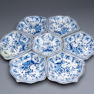 A blue and white Dutch Delft seven-piece sweetmeat dish set, 19th C.