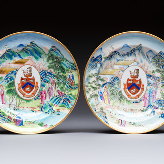 A rare pair of Chinese Canton famille rose armorial plates with the arms of Wight, ca. 1810