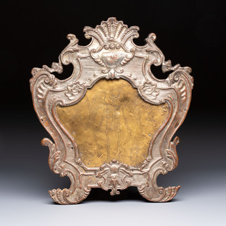 An Italian ‘Memento Mori’ brass plate with skeleton engraving, mounted in an altar card, 18/19th C.