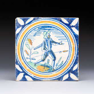 A polychrome English Southwark maiolica 'Hunter with Spear' tile, 17th C.