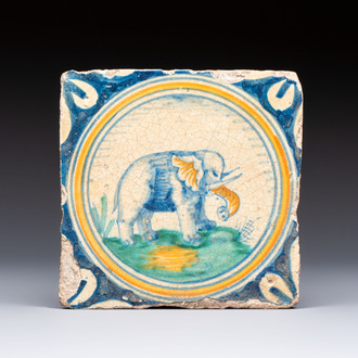 A polychrome Dutch Delft maiolica 'Elephant' medallion tile, 16th C.