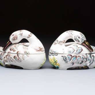 A pair of polychrome Italian faience goose-form tureens and covers, Bassano del Grappa, 19th C.