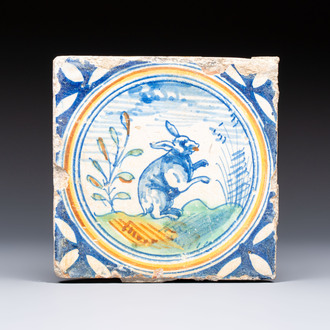A polychrome Dutch Delft maiolica 'Rabbit' medallion tile, 16th C.