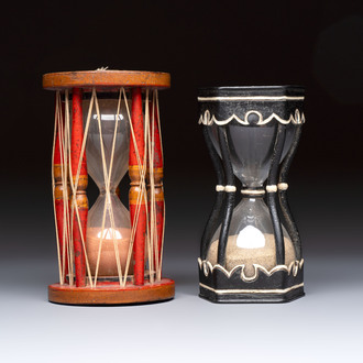 A wrought iron and a wooden hour glass, Germany and Italy, 19/20th C.