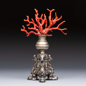 A ‘Wunderkammer’ composition with red coral mounted on a silver-plated stand, Italy, 19th C.