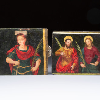 A pair of Italian lead reliquary sliding doors depicting martyr saints, 17/18th C.