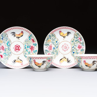 A pair of fine Chinese famille rose 'Rooster' cups and saucers, Yongzheng