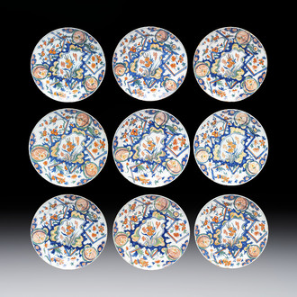 Nine polychrome Dutch Delft 'Lightning' plates, 17/18th C.