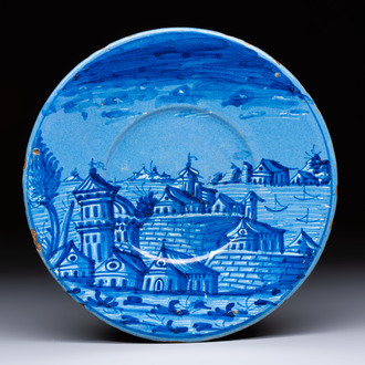 A fine and rare Italian maiolica 'Fortified Townscape' plate, Venice, dated 1627