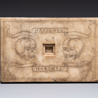 An Italian ecclesiastical marble altar plaque with 'Memento Mori' engraving, 19th C.