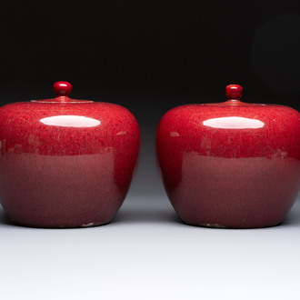 A pair of Chinese flambé-glazed jars and covers, 19th C.
