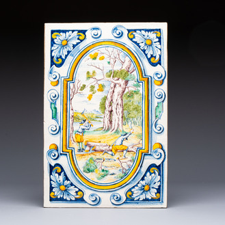 A polychrome Winterthur faience stovetop tile with a pastoral scene, Switzerland, 17th C.