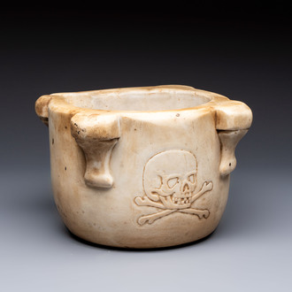 A large Italian carved marble 'Memento Mori' apothecary mortar, 17th C.