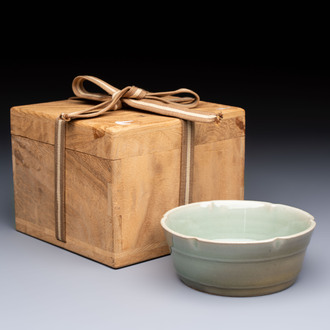 A Chinese Longquan celadon flower-shaped brush washer with a wooden box, Southern Song