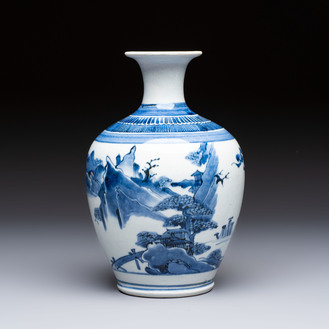 A fine Japanese Arita blue and white vase or sake bottle with landscape design, Edo, ca. 1680