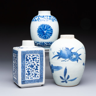 Three Chinese blue and white tea caddies, Chenghua mark, Shunzhi and later
