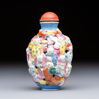 A Chinese famille rose moulded, reticulated and double-walled '18 Luohan' snuff bottle, Qianlong mark, 19th C.